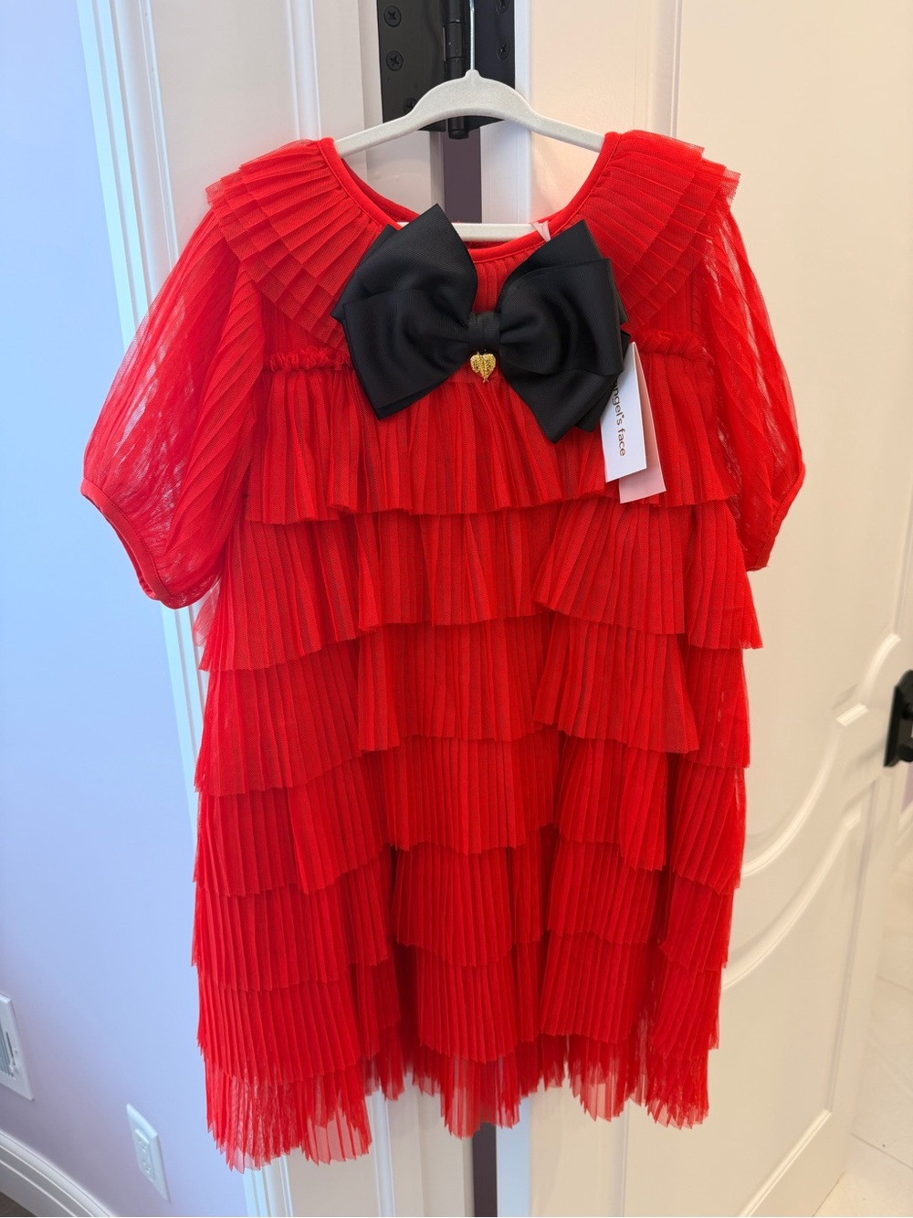 Angel’s Face Red Tiered Pleated Tulle Girls Party Dress with Black Bow Accent